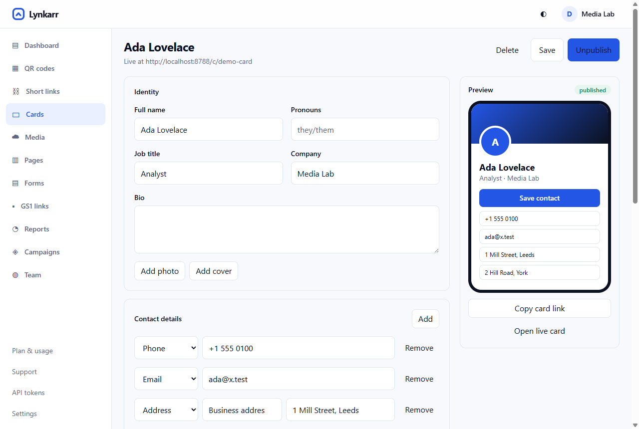 The digital card builder, with the fields on the left and a live phone preview on the right