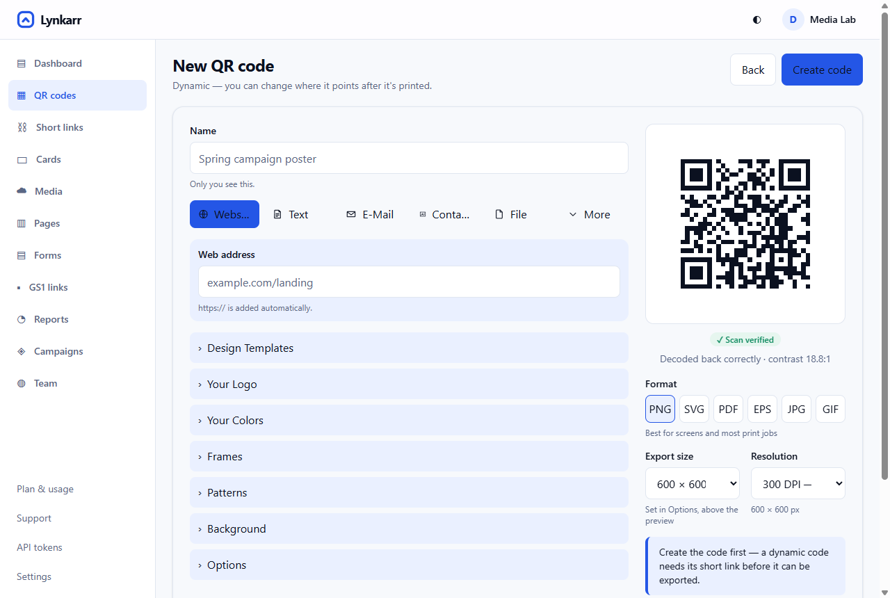 The QR code designer, with the content form on the left and the live preview on the right