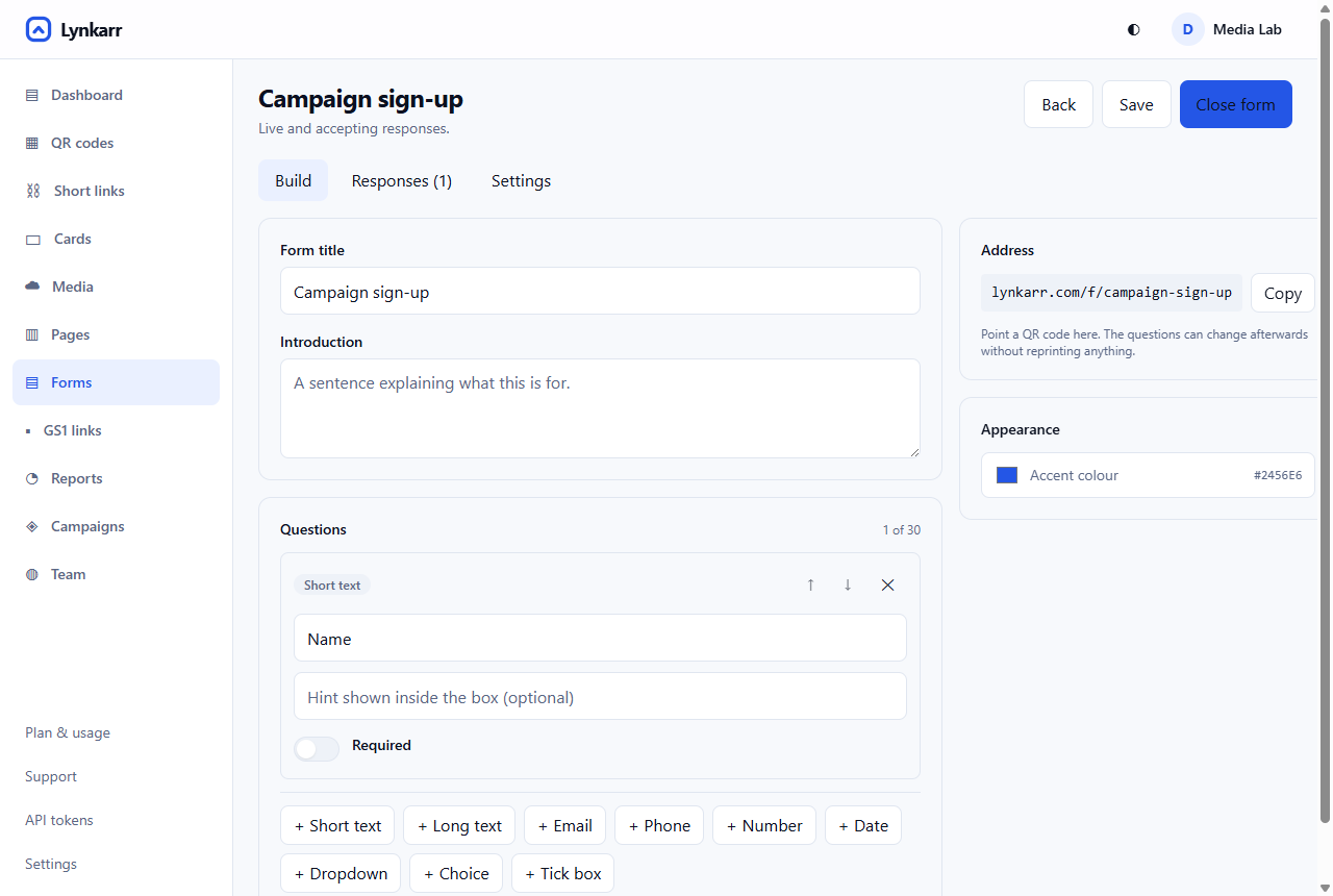 The form builder, showing a question list and the field types that can be added